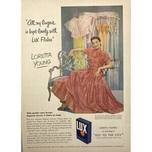 LUX Flakes Loretta Young: Keeps My Lingerie Lovely "Key to the City" MGM Ad 1950